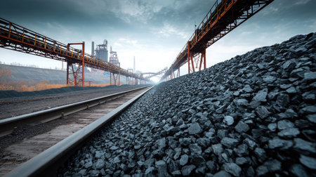 Conveyor system over massive black coal pile in outdoor stockyard with strong industrial vibeの素材