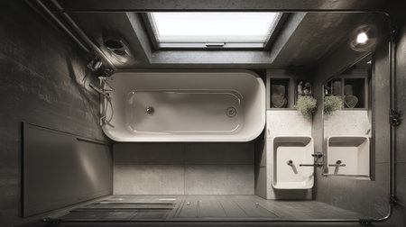 Compact loft-style bathroom with compact rectangular tub and integrated sink shelvingの素材