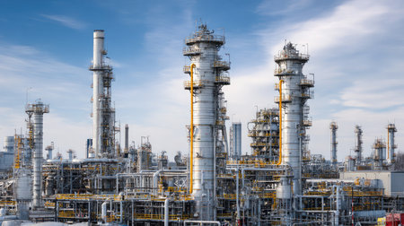 Distillation towers with visible ladders, catwalks, and insulated conduits processing raw oilの素材