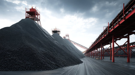Conveyor belt system crosses coal yard, feeding dark fuel onto organized storage moundの素材