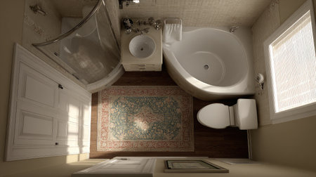 Corner bathroom layout with wall sink, inset tub, and soft lighting from aboveの素材