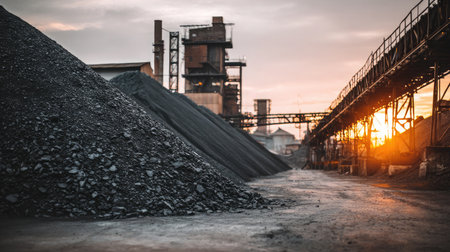 Daylight scene with belt feeding coal onto industrial pile with metal scaffolding in backgroundの素材