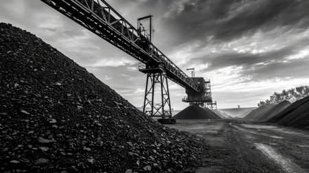 Conveyor system over massive black coal pile in outdoor stockyard with strong industrial vibeの素材