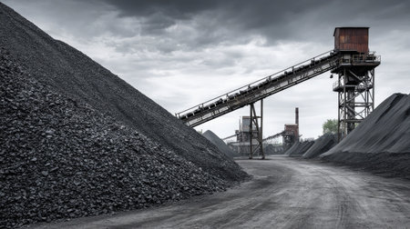 Expansive outdoor coal yard with mechanical conveyor transporting black chunks onto large pileの素材