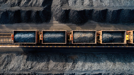 Elevated view of conveyor system dropping coal onto meticulously formed fuel stockpileの素材