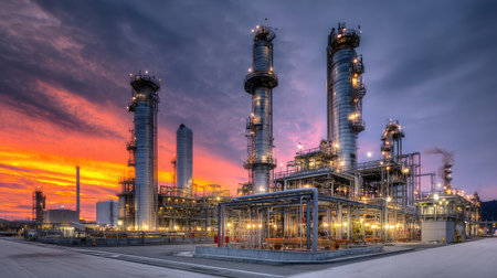 Gleaming metal distillation columns under dramatic evening sky refining oil into various componentsの素材