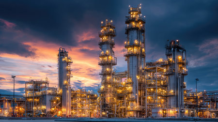 Golden hour lighting illuminates distillation towers actively refining chemical compounds from oilの素材