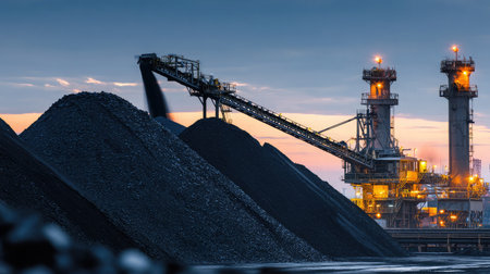 Industrial mining site with black coal pile being topped by conveyor chute at duskの素材