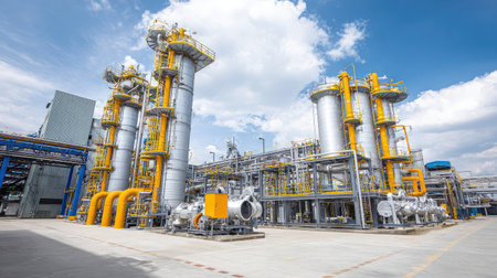 Industrial setup with distillation towers and condenser units working together to purify crude oilの素材