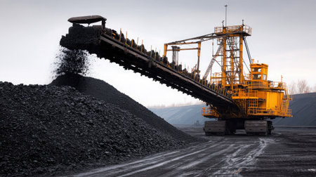 Heavy conveyor machinery releasing freshly mined coal onto ground-level stockpileの素材