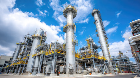 Heavy industry refinery setup showing distillation towers and heat exchangers in operationの素材
