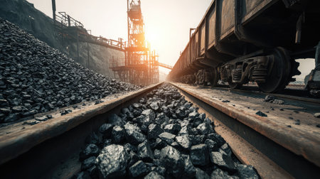 Industrial belt system releases coarse coal onto growing fuel mound under hazy daylightの素材