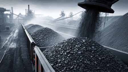 Heavy-duty conveyor at full speed dropping coal onto pile as mechanical dust fills the airの素材