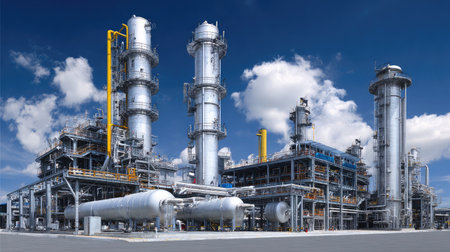 Heavy industry refinery setup showing distillation towers and heat exchangers in operationの素材