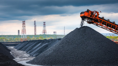 Industrial belt system releases coarse coal onto growing fuel mound under hazy daylightの素材