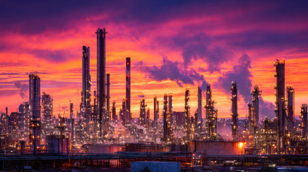 Industrial towers at sunrise, distilling crude oil into high-value fuels and petrochemicalsの素材