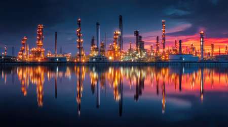 Industrial skyline featuring refinery towers actively distilling petroleum hydrocarbonsの素材