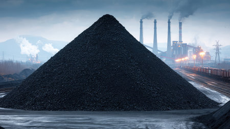 Giant conical pile of black coal being fed by high conveyor belt in open storage yardの素材