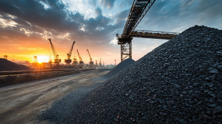 Industrial mining site with black coal pile being topped by conveyor chute at duskの素材