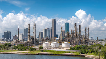Industrial skyline featuring refinery towers actively distilling petroleum hydrocarbonsの素材