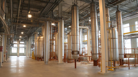 Interior shot of refinery showing base of towering distillation columns and insulated pipingの素材