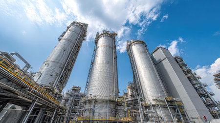 Large vertical distillation columns at refinery separating oil components with heat and pressureの素材