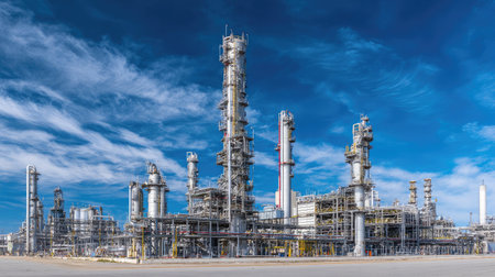 Modern distillation columns tower above the refinery, extracting hydrocarbons from crude oil under a clear blue skyの素材
