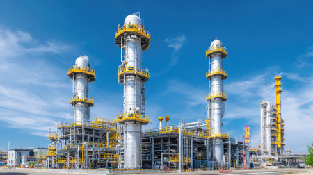 Modern petroleum facility where distillation columns extract valuable fractions through fractional distillationの素材