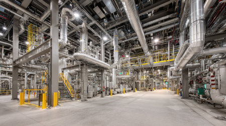 Interior shot of refinery showing base of towering distillation columns and insulated pipingの素材