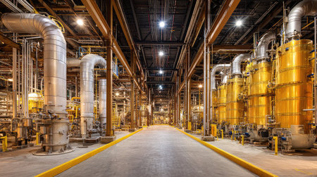 Interior shot of refinery showing base of towering distillation columns and insulated pipingの素材