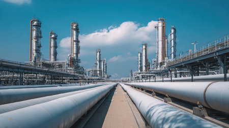 Modern refining infrastructure showcasing pipeline networks connected to vertical distillation unitsの素材