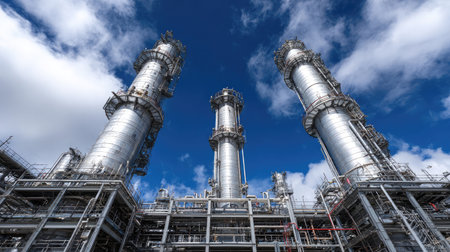 Large vertical distillation columns at refinery separating oil components with heat and pressureの素材