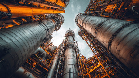 Large vertical distillation columns at refinery separating oil components with heat and pressureの素材