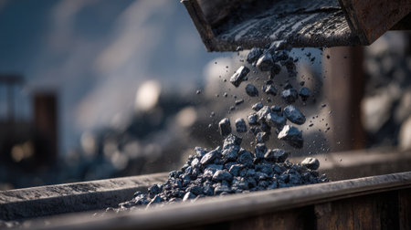 Mid-action frame of coal tumbling off conveyor onto mound with airborne dust and debrisの素材