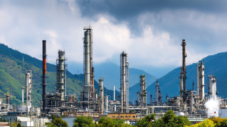 Overview of oil refinery where tall columns extract fuels, lubricants, and base chemicalsの素材