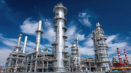 Modern petroleum facility where distillation columns extract valuable fractions through fractional distillationの素材
