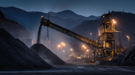 Night lighting illuminates coal being moved by conveyor onto industrial pile under floodlightsの素材