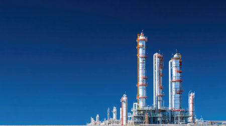 Modern distillation columns tower above the refinery, extracting hydrocarbons from crude oil under a clear blue skyの素材