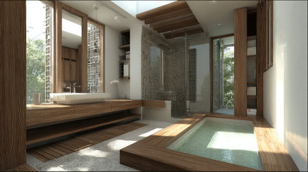 Neutral-colored bath design with wall-hung basin and inset tub for maximum floor spaceの素材