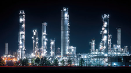 Nighttime illumination of refinery columns highlighting continuous distillation processの素材