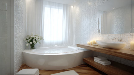 Scandinavian-style compact bath with floating vanity and corner bathtub beneath windowの素材