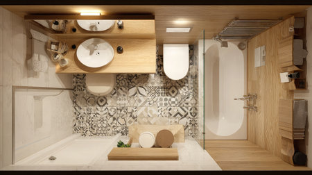 Narrow bathroom layout with wall-mounted fixtures and extra-deep compact bathtubの素材