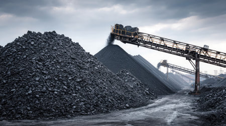 Massive industrial coal pile built under functioning conveyor moving material nonstopの素材