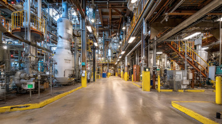 Interior shot of refinery showing base of towering distillation columns and insulated pipingの素材