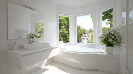 Scandinavian-style compact bath with floating vanity and corner bathtub beneath windowの素材