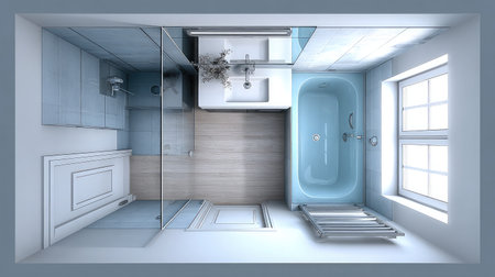 Minimalist small bathroom with floating sink and corner bathtub, optimized layout for tight urban spacesの素材