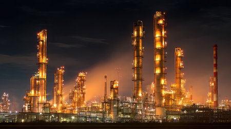 Nighttime illumination of refinery columns highlighting continuous distillation processの素材