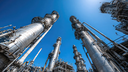 Large vertical distillation columns at refinery separating oil components with heat and pressureの素材