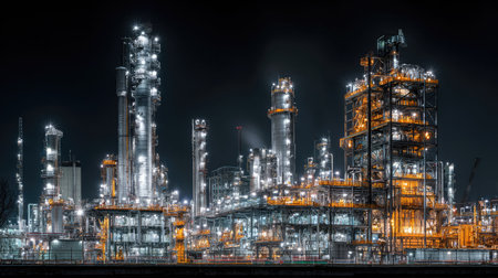 Modernized petrochemical plant equipped with distillation towers and exhaust stacksの素材