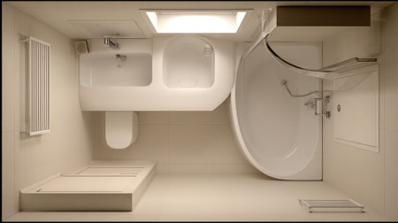 Minimalist small bathroom with floating sink and corner bathtub, optimized layout for tight urban spacesの素材